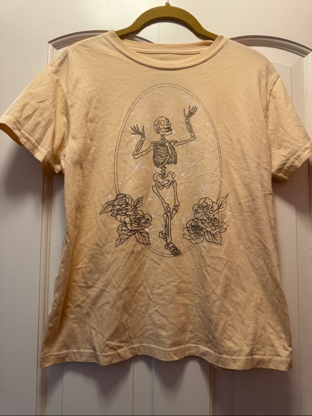 Mighty Fine Peach Short Sleeve Tee with Skeleton & Floral Graphic